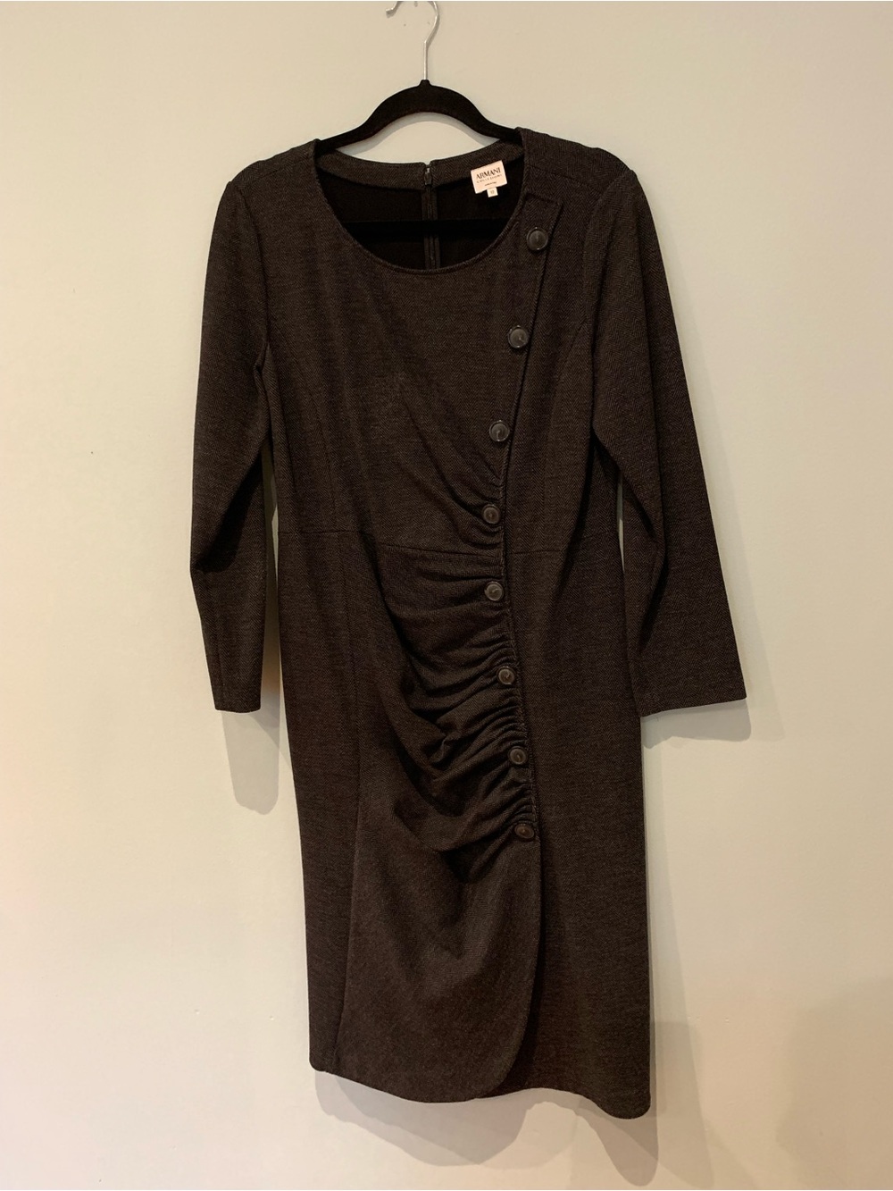 Armani Collezioni Dark Charcoal Ruched Button-Accent Long Sleeve Dress